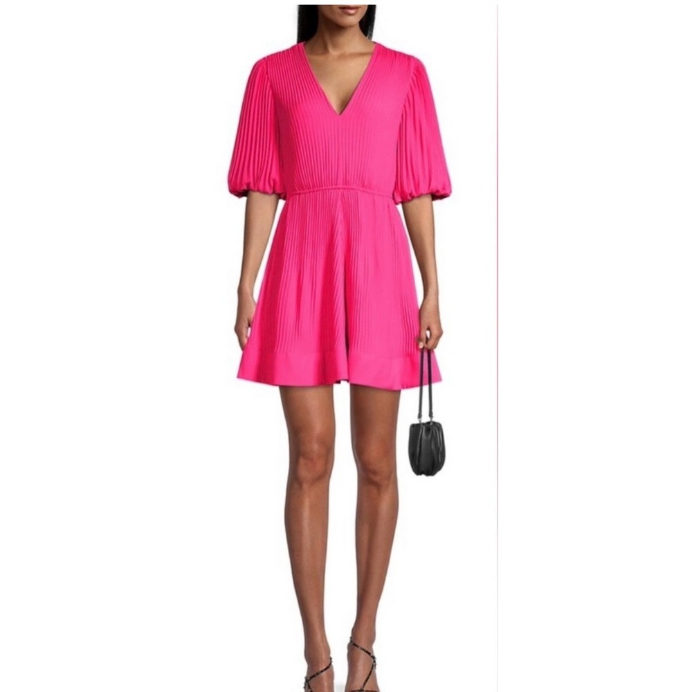Milly Liv Pink Pleated Puff Sleeve V-Neck Mini Dress Size 12 Barbiecore